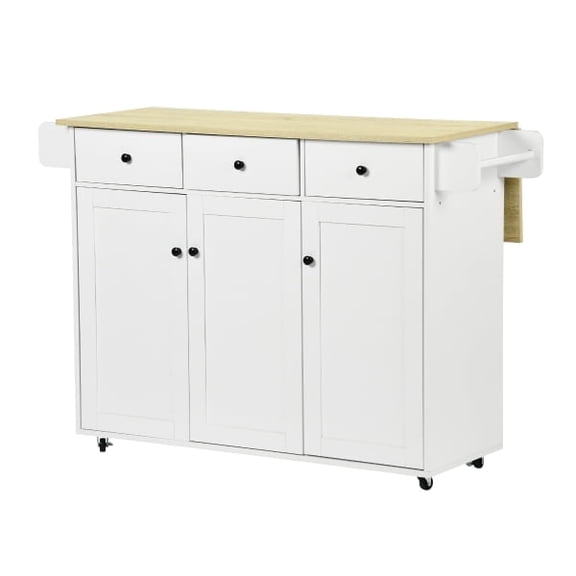 TEXBM 56" Rolling Kitchen Island with Storage, Farmhouse Style Mobile Island Cart with Wood Top, 3 Drawers, 3 Cabinets, Locking Wheels, White Finish