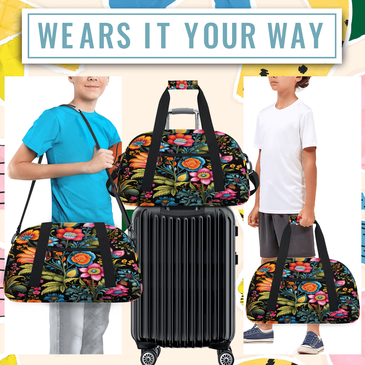 Herdesigns Colorful Flowers Sports Duffle Bag for Women & Men, Spring Summer Gym Bag Dance Bag Overnight Bag Carry On Weekender Travel Bag