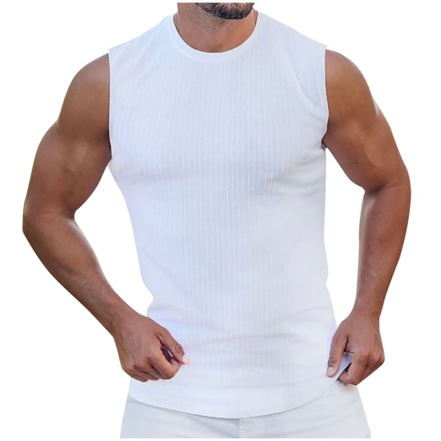 pstuiky Camiseta sin mangas para hombre, Camiseta deportiva de verano de punto con rayas verticales y cuello redondo para hombre Camisas de hombre xxxl