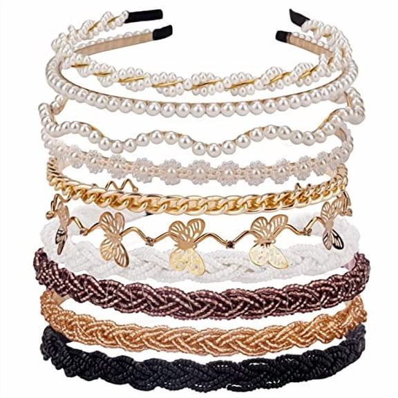 Cute Pearl Headbands Beaded Headband Metal Head Bands No Slip Fashion Hair Accessories for Women Girls,10 Pack