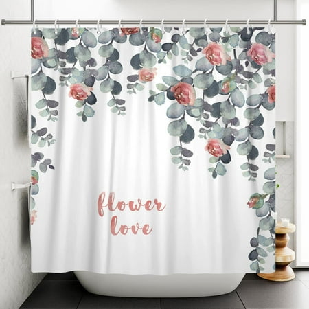 

Green Leaves Floral Shower Curtain Watercolor Eucalyptus Spring Green Plant Pink Floral Bathroom Decorative Blooming Floral Tropical Leaf Bath Curtain Waterproof with Hooks 72x84Inch
