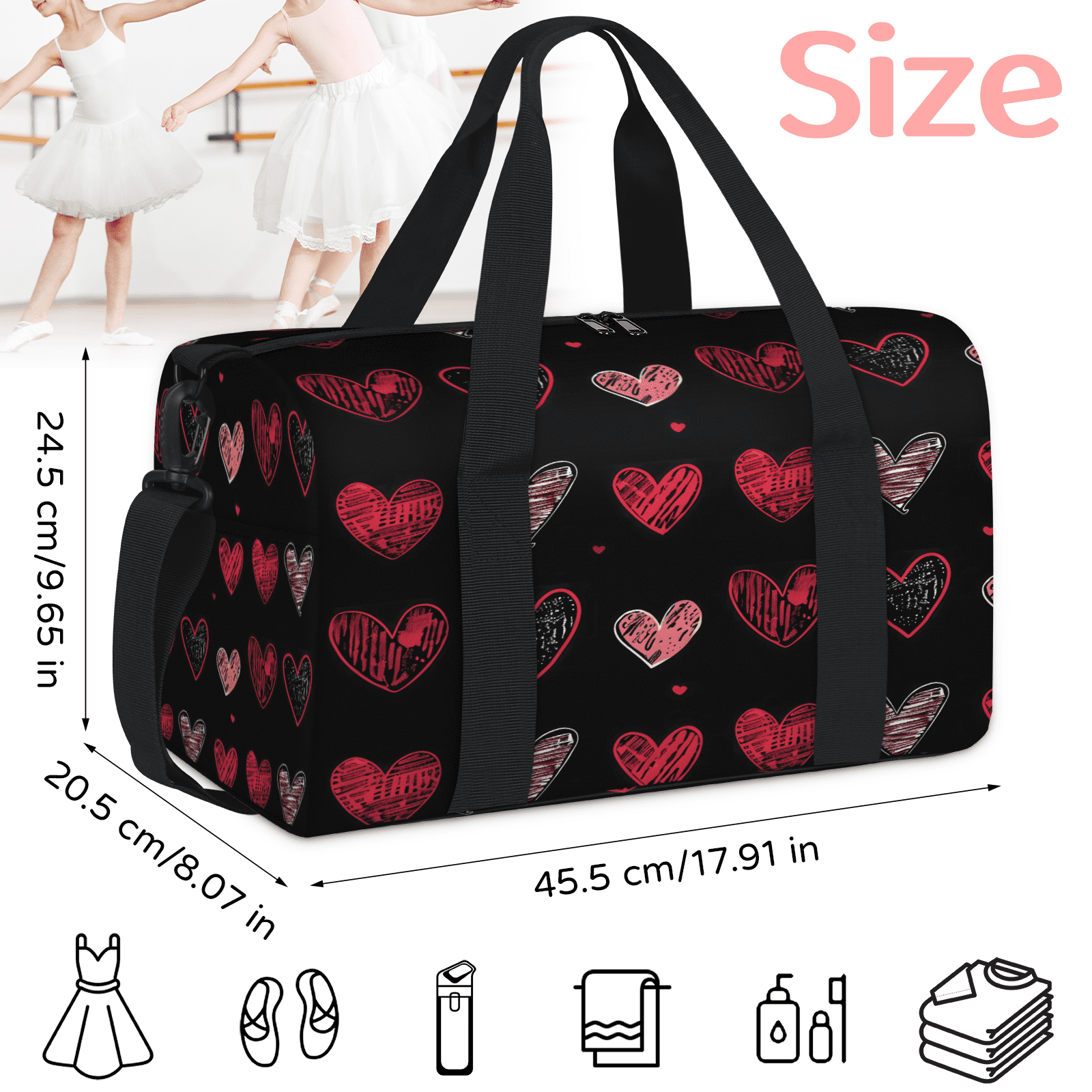 Herdesigns Valentine's Day Black Red Heart Gym Bag for Women, Duffle Bag for Travel Sport, Lightweight Waterproof Carry on Weekender Overnight Dance Yoga Workout Bags