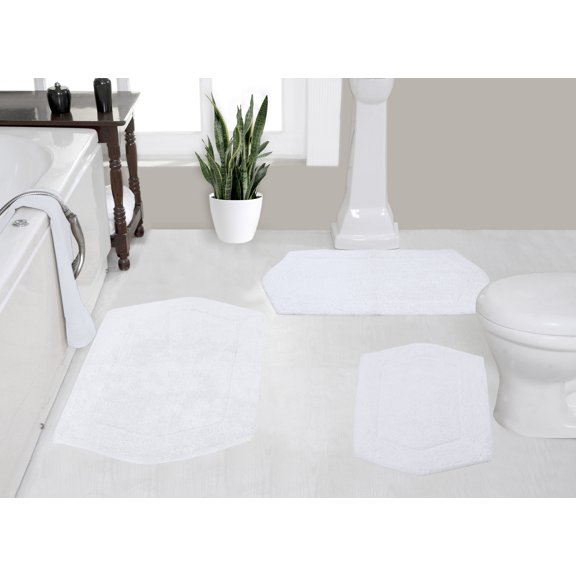 Home Weavers Waterford Collection 100% Cotton Non-Slip Bathroom Rug Set Machine Washable Bathroom Rug-17"x24", Bath Rug- 21"x34", Bathroom Rug- 24"x40", White Color 3 Piece Bath Rug set