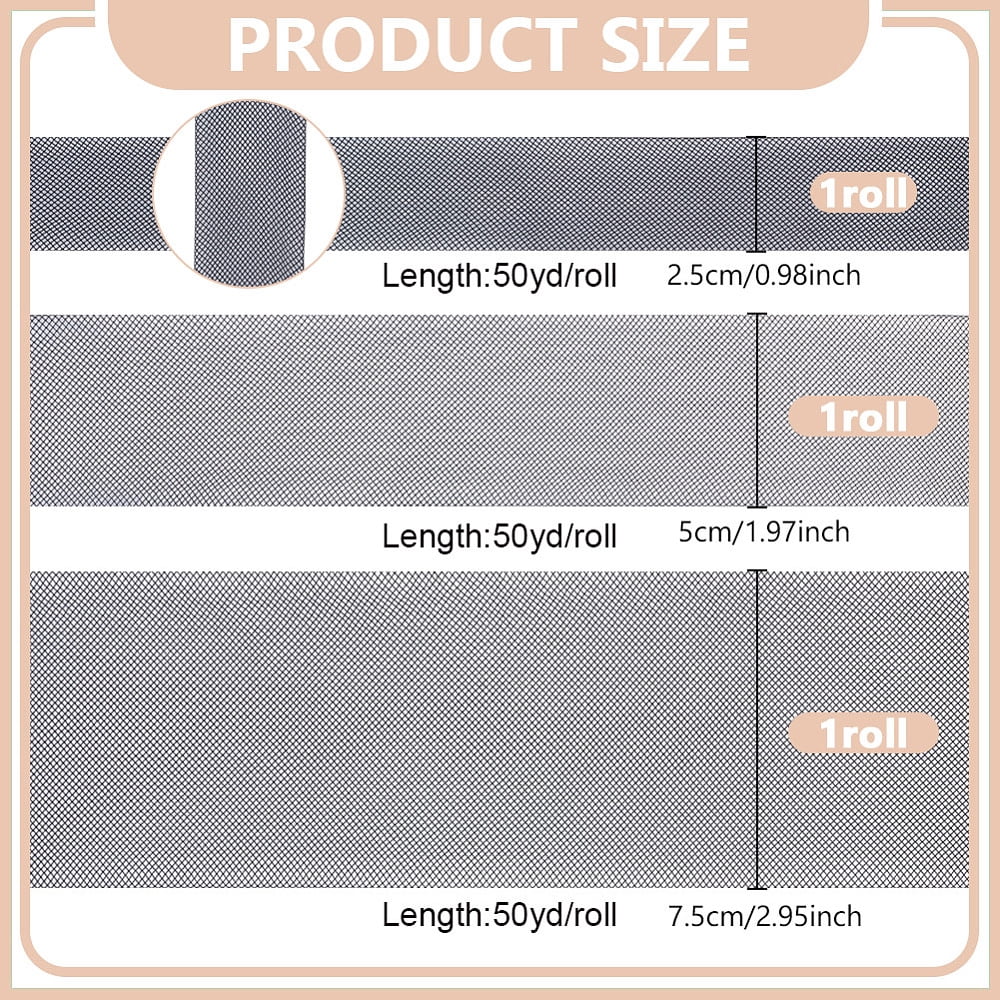 3 Rolls 3 Styles Elastic Polyester Deco Mesh Ribbons for Hat Decoration Skirts Decoration Making Black 1~3 inch(25~75mm) 1roll/style
