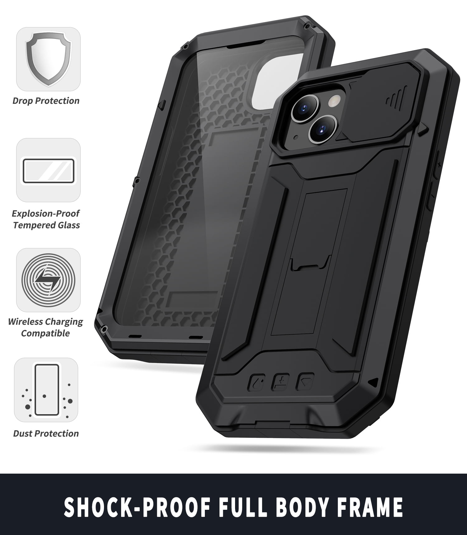 Compatible with iPhone 13 Case with Built-in Glass Screen Protector, Allytech Full Body Shockproof Life Waterproof Kickstand Slide Camera Lens Protective Case for iPhone 13 5G 6.1" 2021, Black