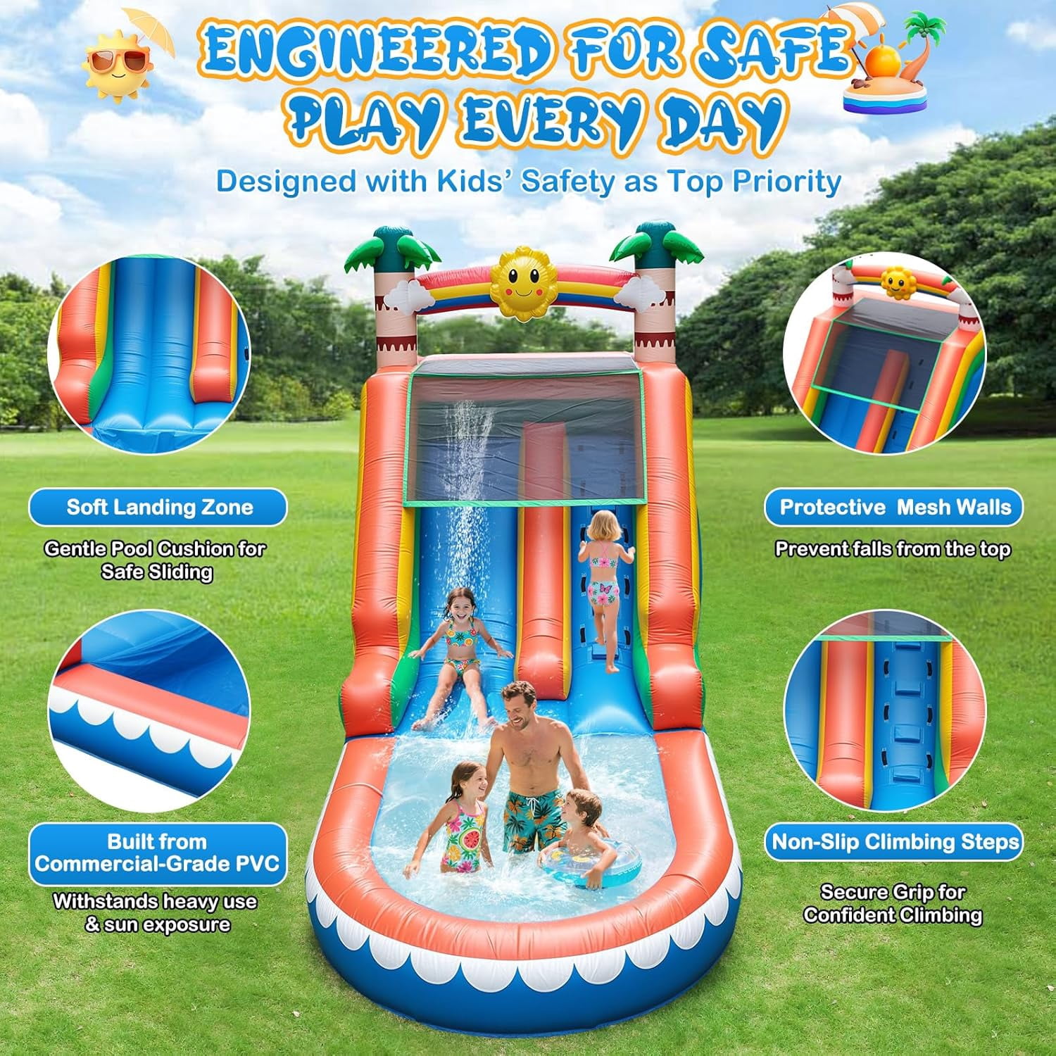 COCOFISH Outdoor Water Park: 21FT Tropical Inflatable Slide with Palm Tree Theme, Climbing Wall, Splash Pool & 950W Blower for Backyard Fun