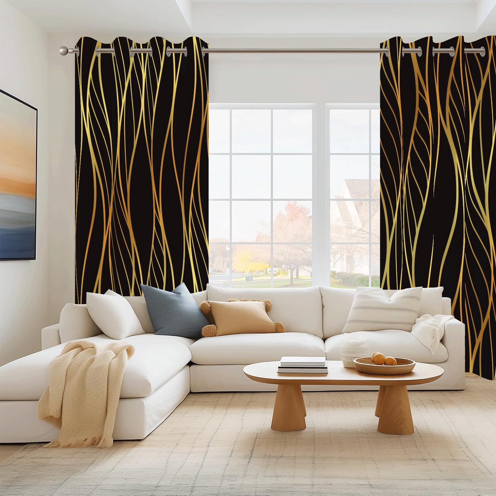 Dashan Golden Wave Line Blackout Curtains for Bedroom Living Room Decor Grommet Window Drapes 52x84 Inch,2 Panels