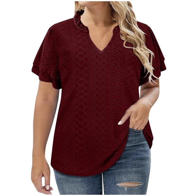 AherBiu Plus Size T Shirts for Women V Neck Loose Fitting Tshirts Solid Color Tees Lightweight Short Sleeve Tops