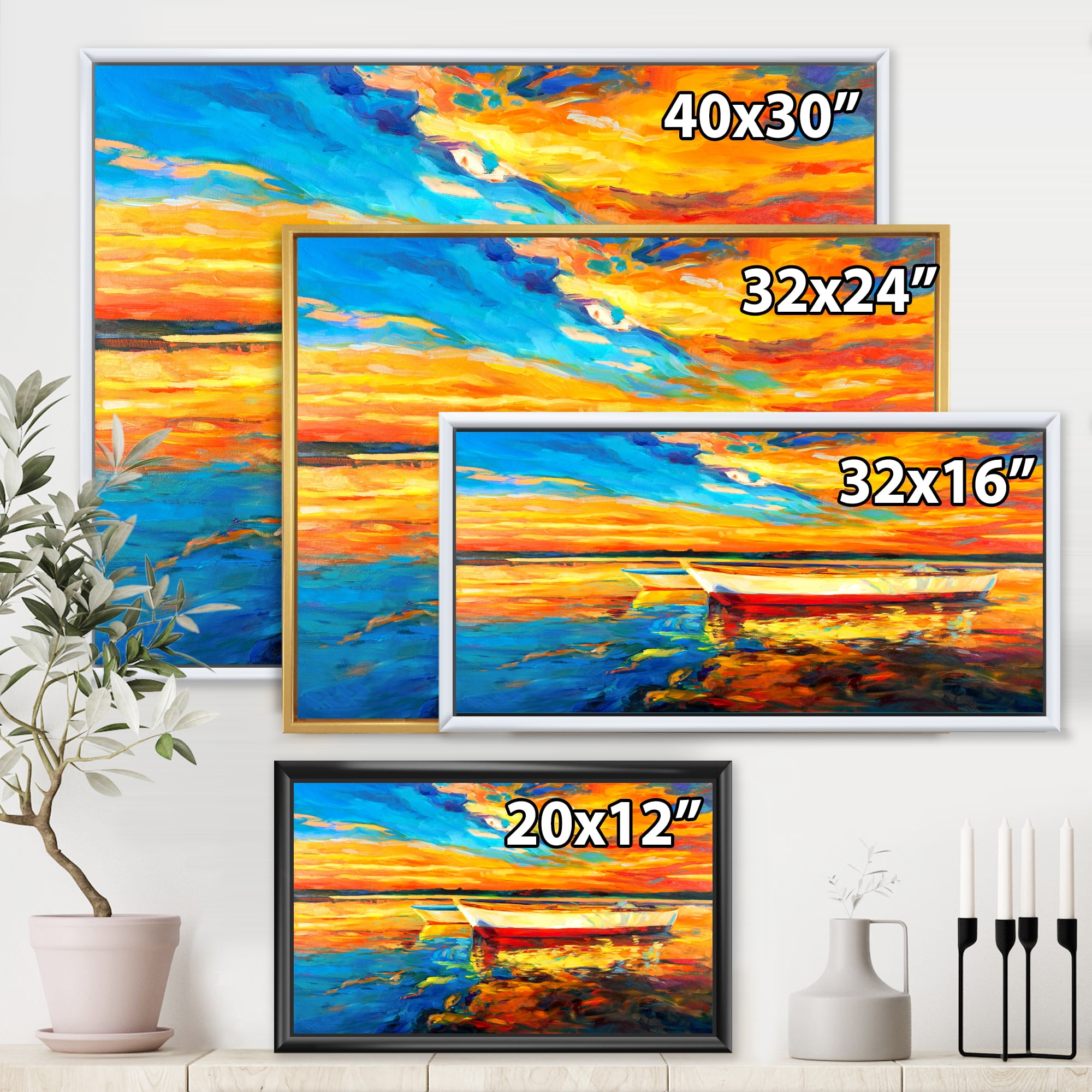 Designart 'Red and White Boats By The Pier At A VIbrant Sunset' Nautical & Coastal Framed Canvas Wall Art Print
