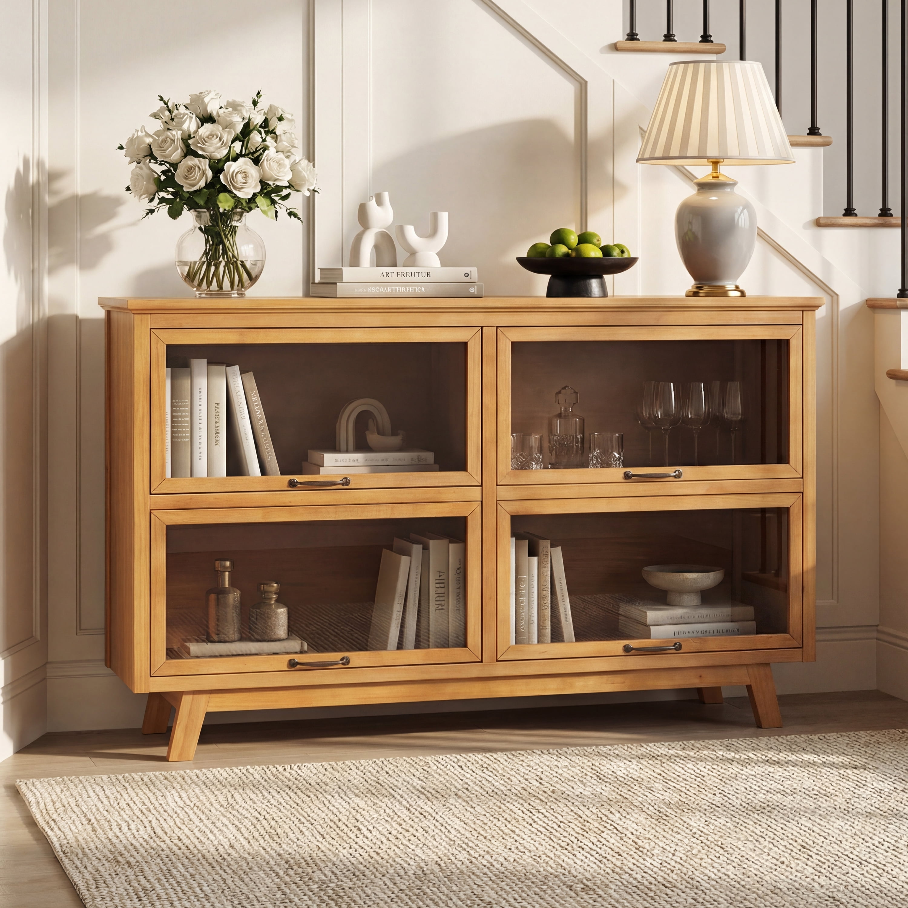 Modern Storage Cabinet with 4 Glass Doors and Wood Shelves, Display Cabinet with Antique Bronze Handles for Living Room, Natural