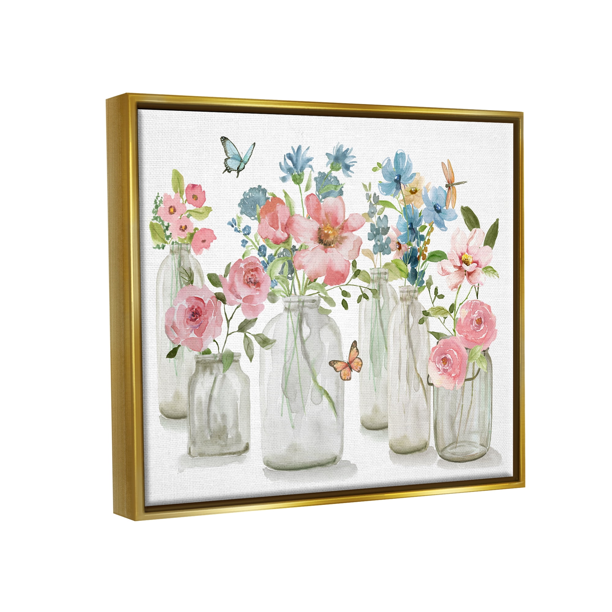Stupell Industries Pink & Blue Flowers Botanical & Floral Painting Gold Floater Framed Canvas Art Print Wall Art, 31 x 25