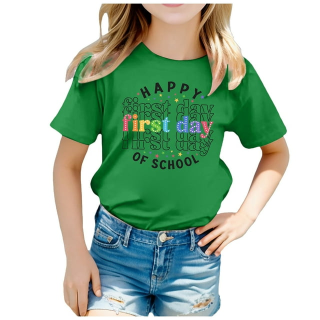 T-shirts Petites Filles Rentrée des Classes Saison Mignon Imprimé Graphique Col Rond Manches Courtes Tee Été Décontracté Hauts Chemises pour Enfants Taille 8-9T