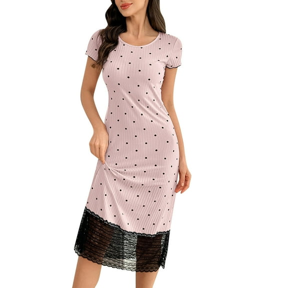 Tnhcen Women's Casual Home Wear Crewneck Short Sleeve Sleepwear Dress with Lace Hem | S-XL | Nylon Spandex Loungewear
