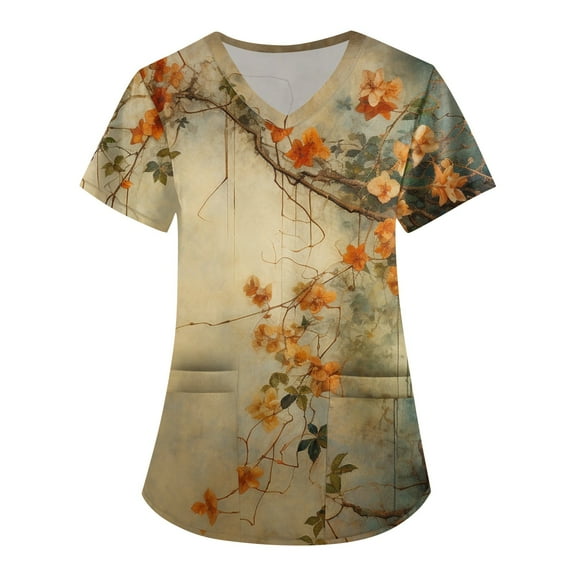 Stretch Scrubs for Women,Women's Floral Printed Scrub Tops - V-Neck Stretch Fabric with Utility Pockets - Beige - L