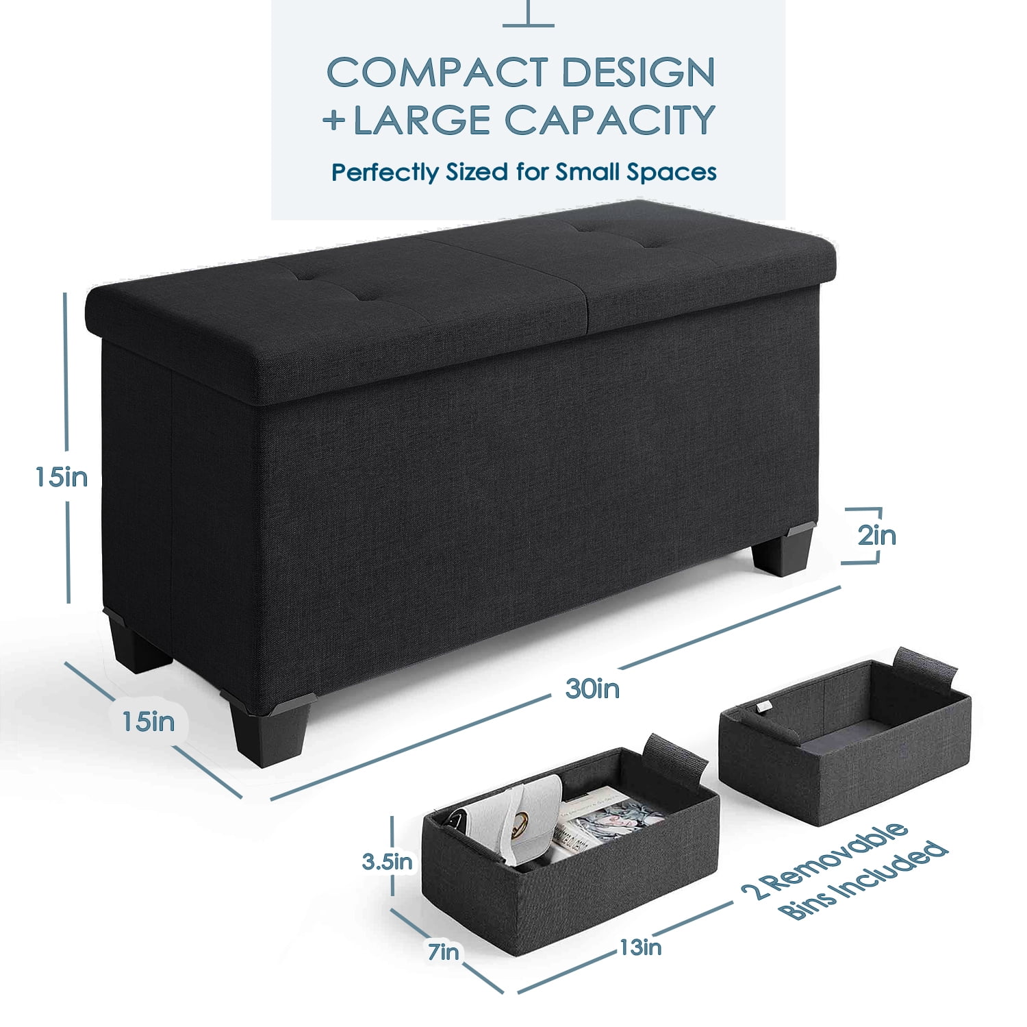 Storagebud Ottoman Storage Bench, Linen 30" Ottoman with Storage, Black