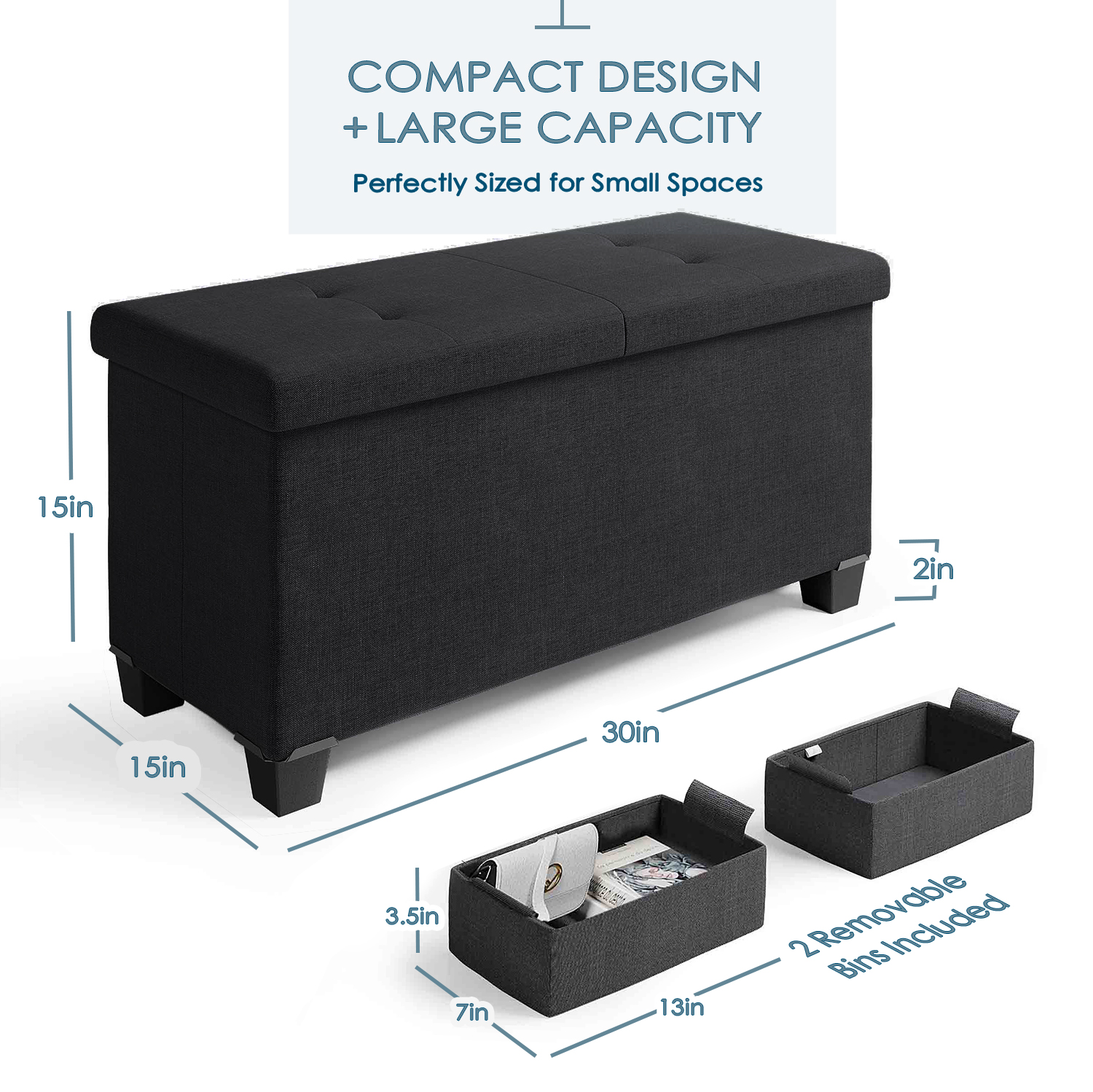 Hearth & Harbor Storage Ottoman Bench, 30", Black photo 3