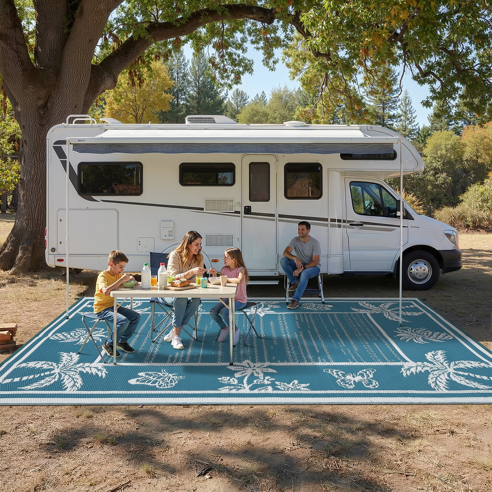 FairOnly 8'x10'Modern Tropical Floral Outdoor Rug Waterproof Reversible & Portable for Patio Poolside & Beach RV,Grey Blue