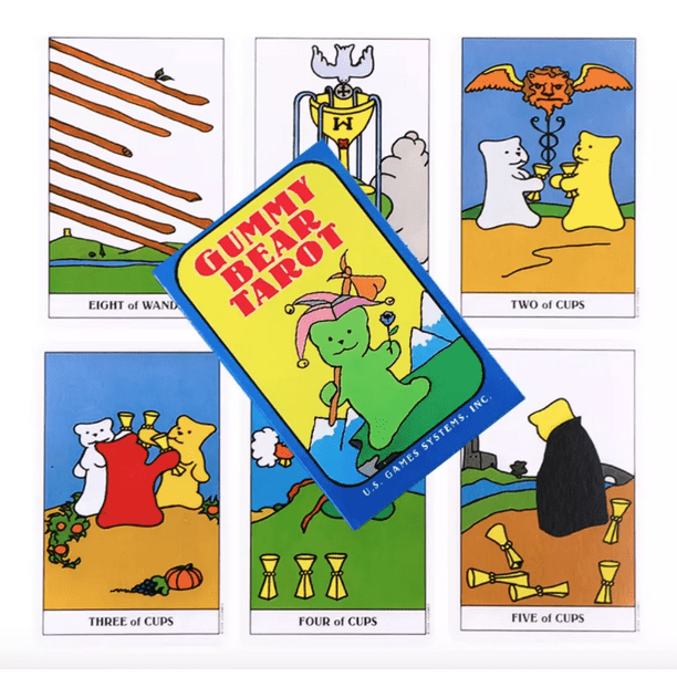 Tarot Gummy Bear – 78 Cartas Estilo Rider-Waite (10x6 cm) + Manual Digital – Baraja Esotérica Divertida y Colorida