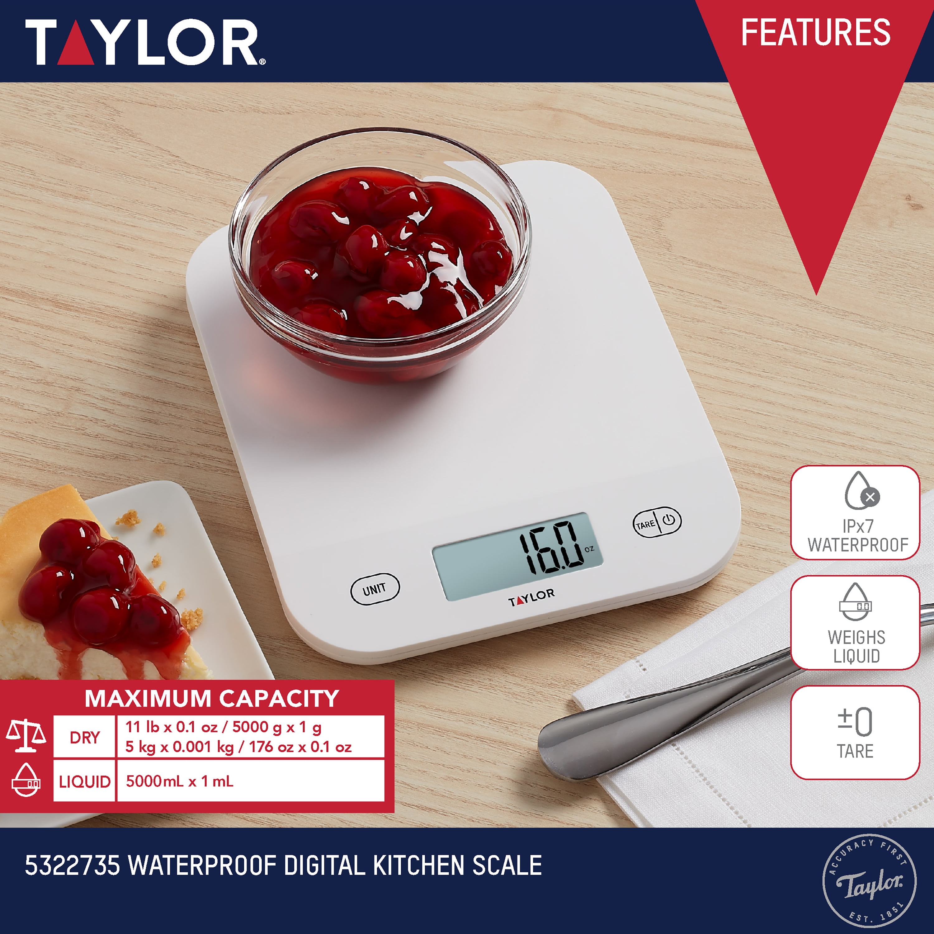 Taylor Digital Waterproof Kitchen and Food Scale with Grams & Ounces, White 11LB Capacity