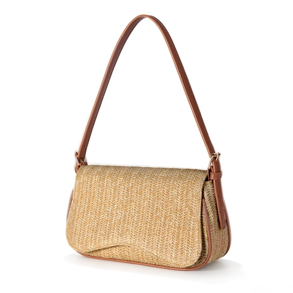 Straw Shoulder Bag for Women Lightweight Large Capacity Summer Beach Tote with PU Leather Strap Woven Handbag Offwhite 26x16x7cm