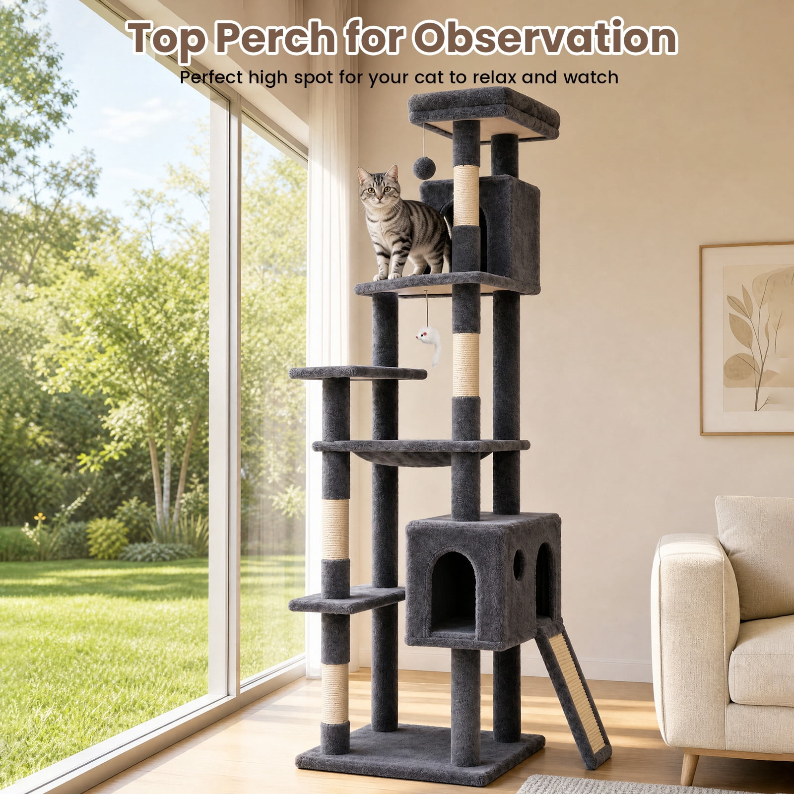 70" Cat Tree Tower, Heavy Duty Cat Tower for Multiple Adult Cats, Multi-Level Tall Cat Tree with 2 Condos, Hammock and Scratching Post for Indoor Kitties, Light Grey