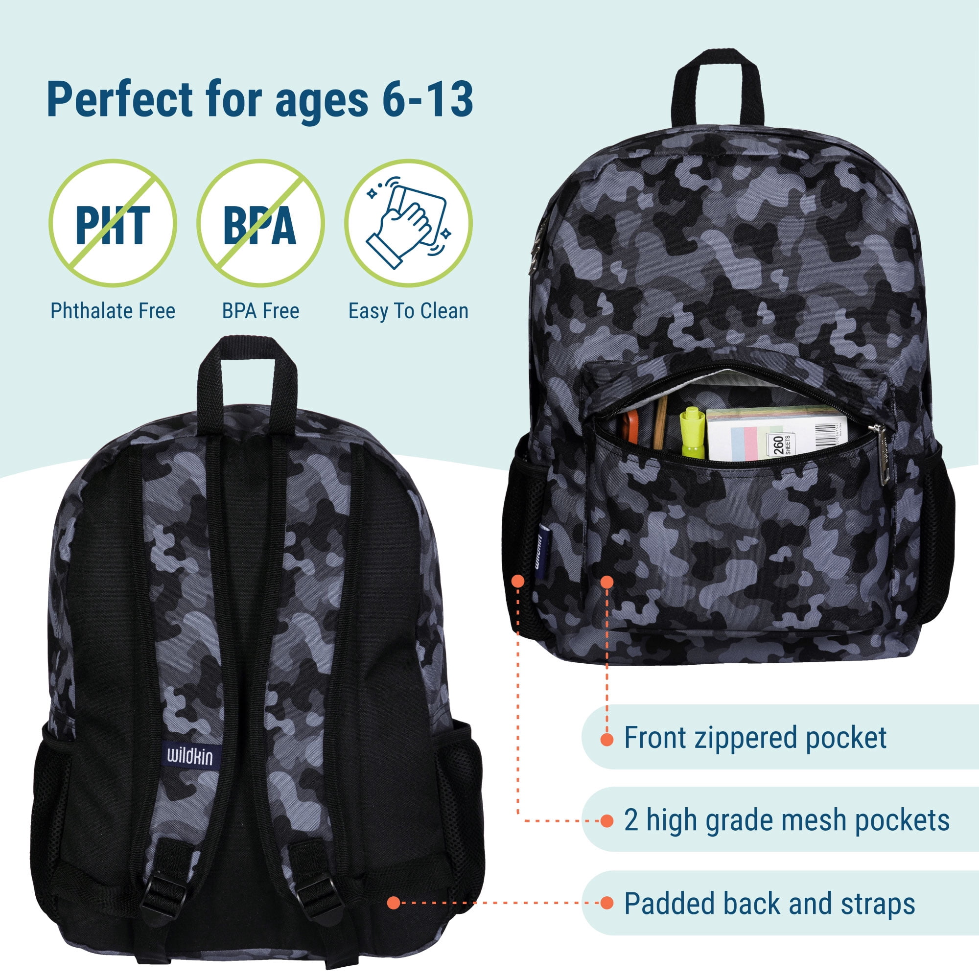 Wildkin Kids 16 Inch Backpack for Boys and Girls (Black Camo)