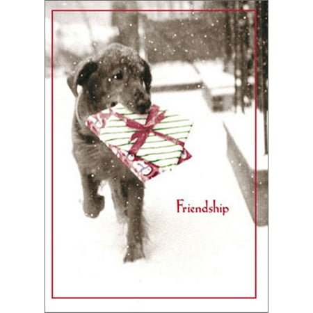 Avanti Press Dog Carrying Present In Snow Funny / Humorous Black Lab Christmas Card
