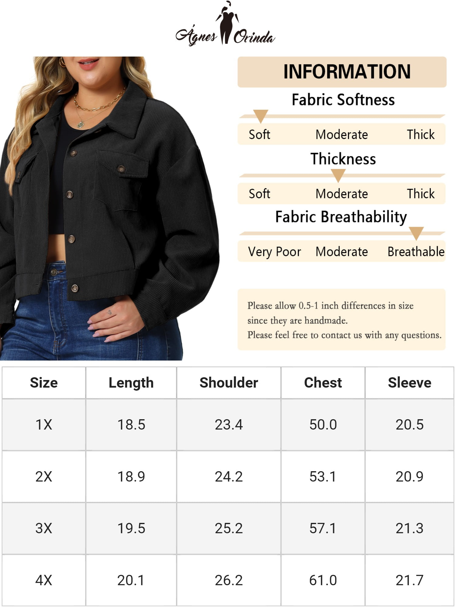 DARING DIVA Women's Plus Size Button Down Long Sleeve Shacket Jacket 2X Black
