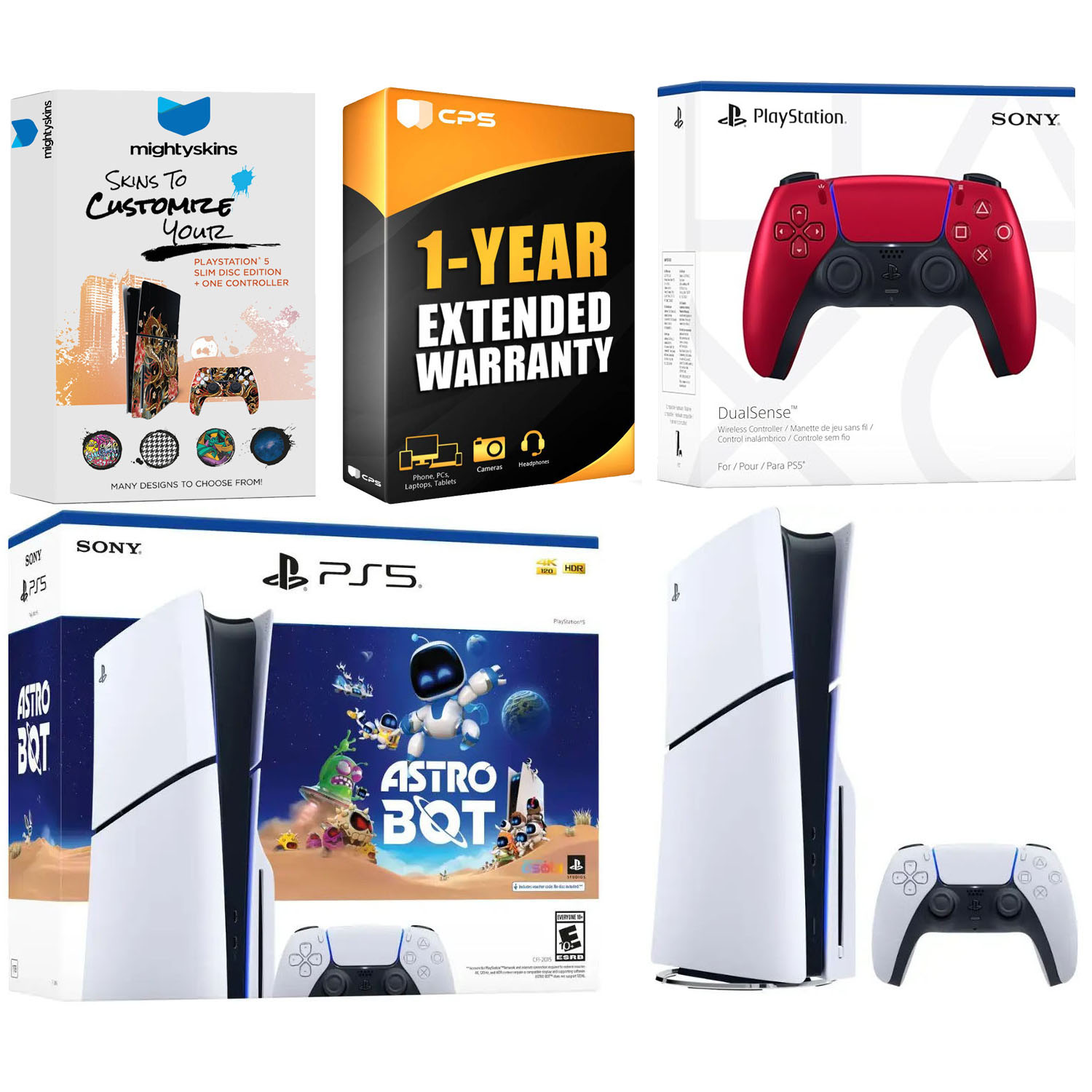 Sony PlayStation 5 Slim Disc PS5 Astro Bot Bundle with Extra Volcanic Red Controller and MightySkins Voucher