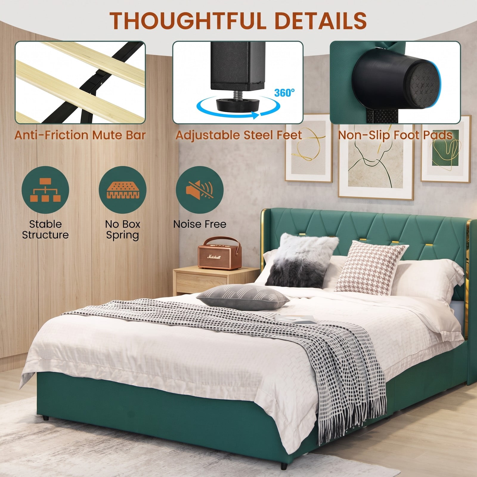 Furnibear Queen Bed Frame with Storage, Upholstered Platform Bed with High Headboard, 4 Storage Drawers and Gold Trim, No Box Spring Needed, Green