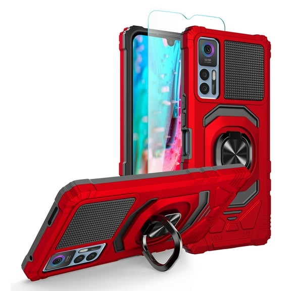 For TCL 30 5G Hybrid Dual Layer with Ring Stand Kickstand, Rugged Shockproof   Screen Protector Tempered Glass Protective Cover ,Xpm Phone Case [ Red ]