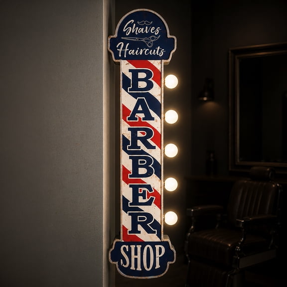 American Art Decor Vintage Barber Shop LED Marquee Wall Decor - Battery Operated Metal Wall Art With LED Light Bulbs - Retro Sign for Bar, Man Cave, Garage, Game Room & More (30" x 8" x 5")