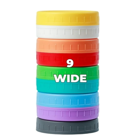 9 Pack 86mm Plastic Lids for Mason Jars, Wide Mouth Leakproof Lids with Silicone Seal, 9 Bright Colors, Reusable for Food Storage, Multicolor