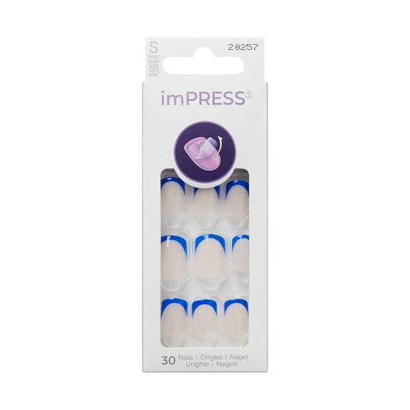 KISS imPRESS Design  Press on Nails, All Day Long, Blue, Short Squoval, 30 Count