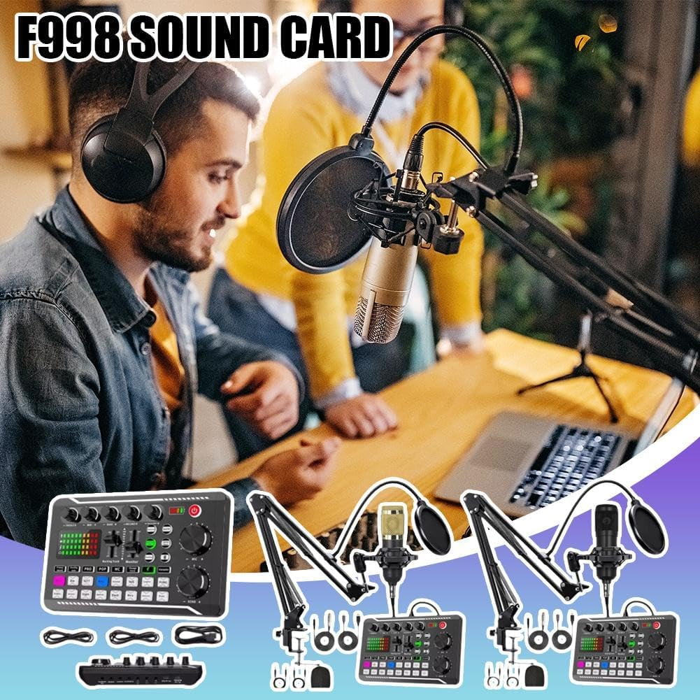 Podcast Microphone Bundle, Live Sound Card Kit with BM-800 Condenser, Podcast Equipment Bundle with Voice Changer and Mixer Functions, for PC Smartphone Studio Recording, Broadcasting, Live Streaming