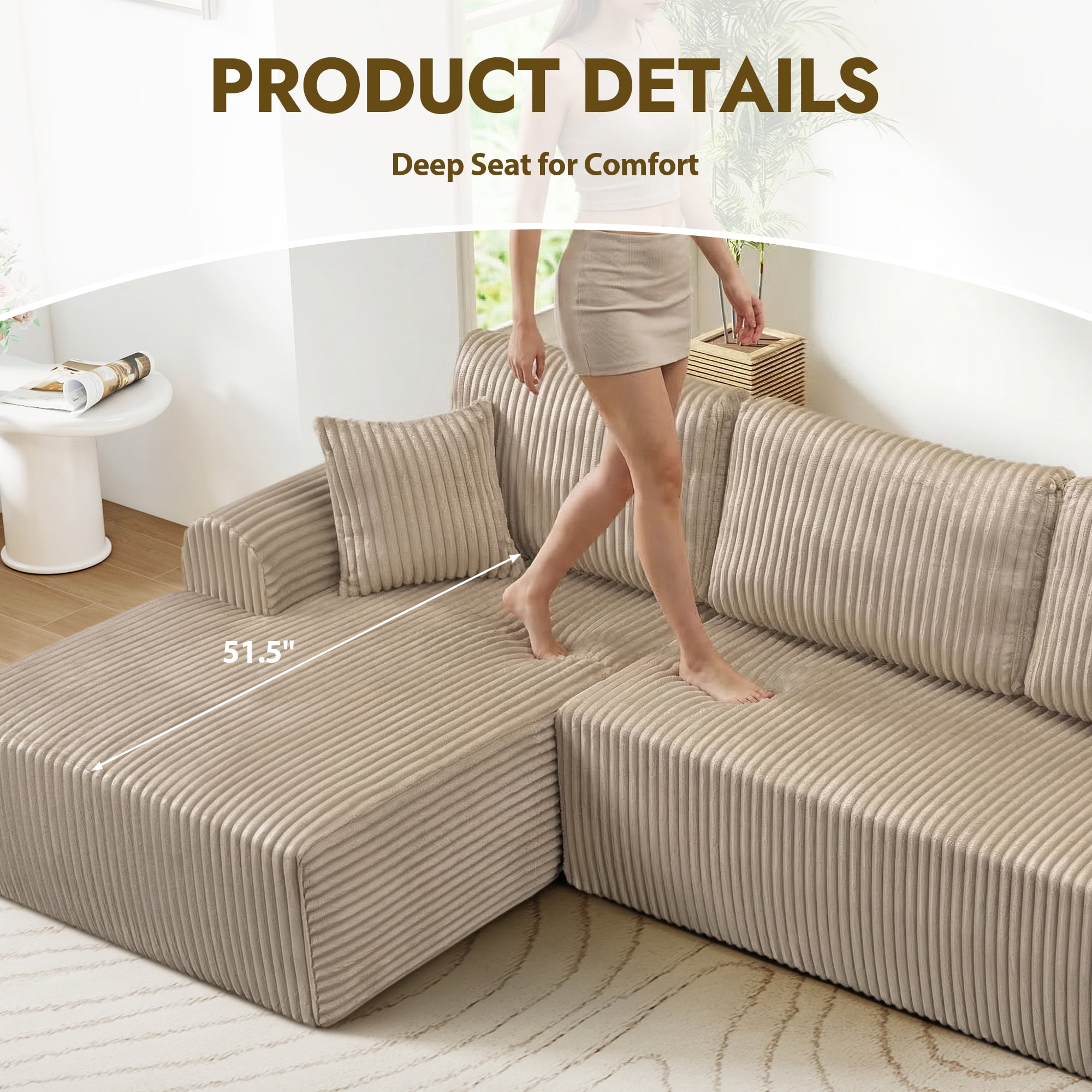 Aukfa 109" Modular Cloud Sectional Sofa with L-Shape Chaise, Corduroy Upholstered Deep Seat Couch, Left Facing Chaise, No Assembly Boneless Sofa for Living Room/Bedroom/Apartment, Camel