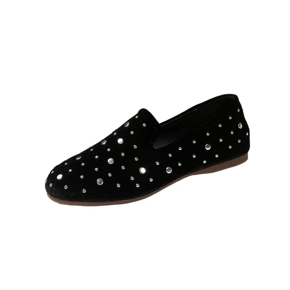 Black Women'S Loafers Round Toe Rhinestone Accent Flat Heel Soft Sole Breathable Comfortable Casual All Day Wear Shoes For Everyday Occasions Size 36