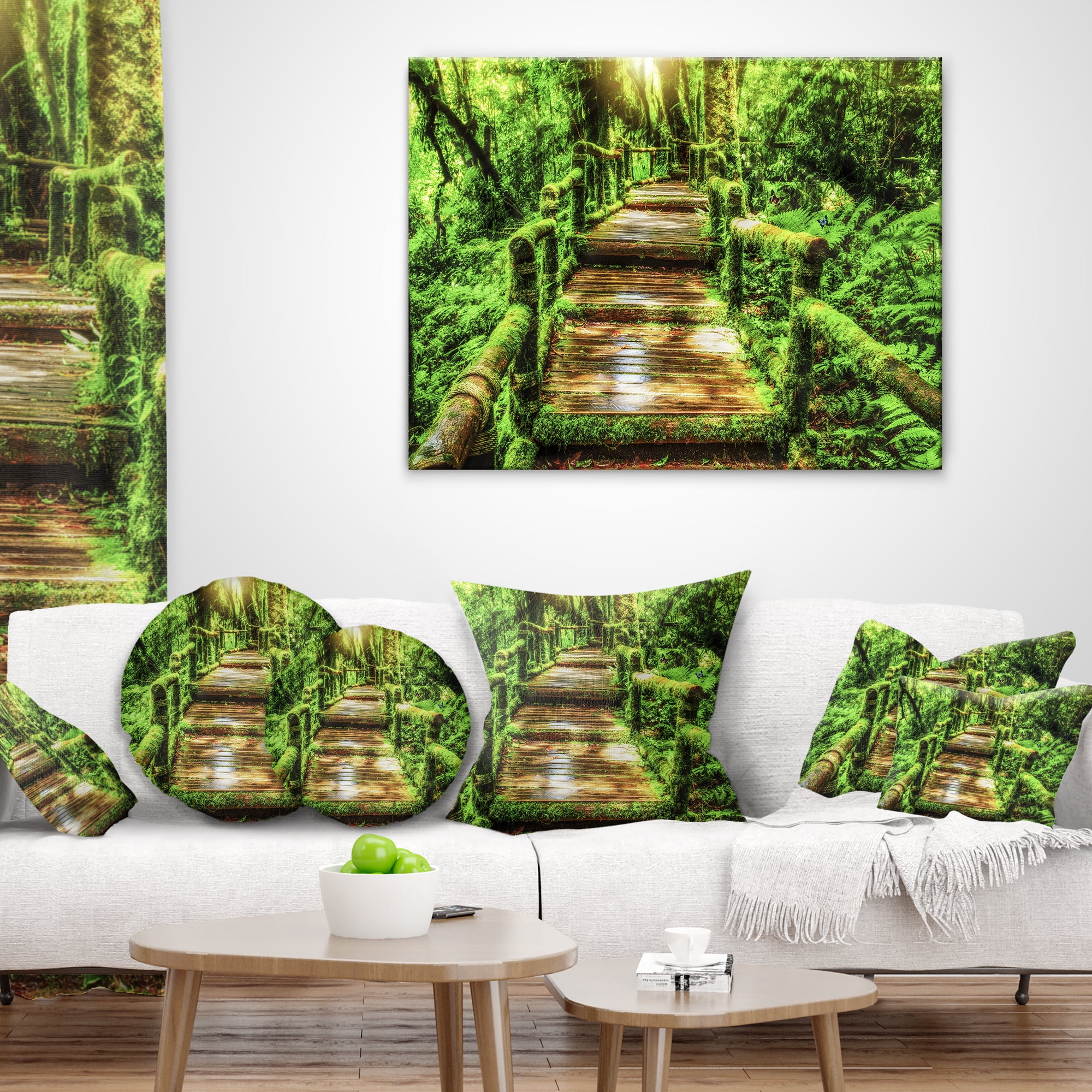 Designart Moss around Wooden Walkway in Rain - Photography Throw Pillow - 18x18