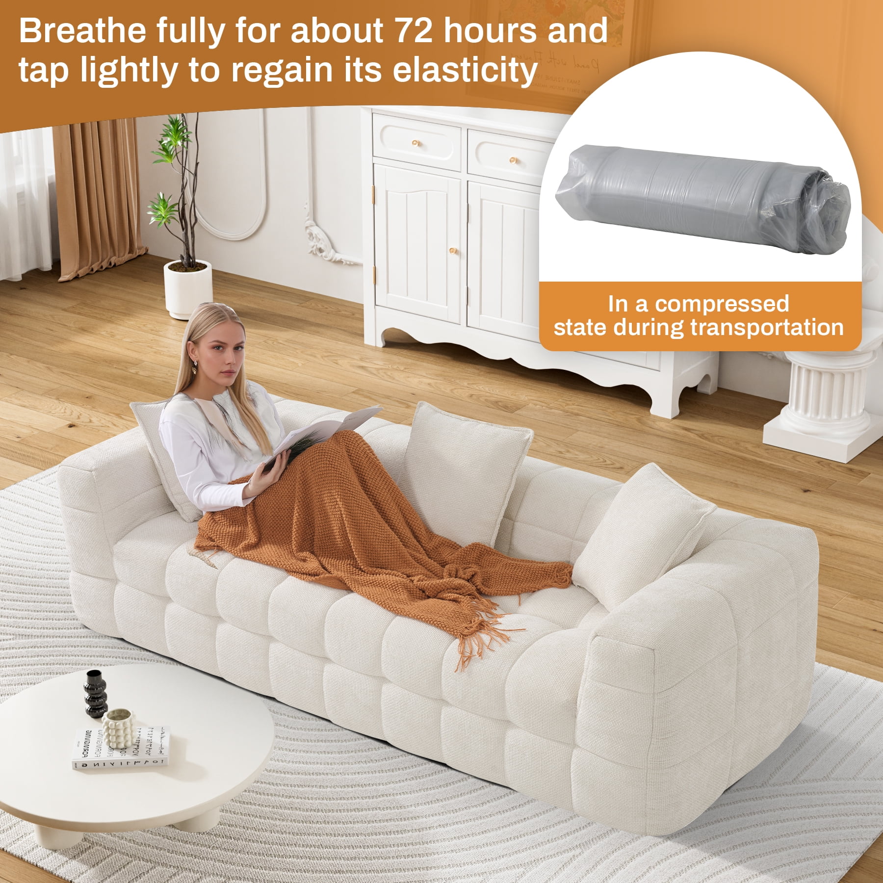Wiilayok 89.8" Cloud Sofa Couch,Chenille 3 Seater Deep Seat Sofa Couch,No Assembly Required,Beige