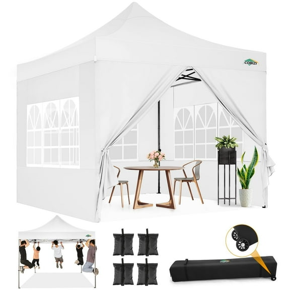 COBIZI 10x10 Pop Up Canopy with Sidewalls Heavy Duty Party Tent with Removable Awning Easy Up Outdoor Canopy Wedding, All Season Windproof&Waterproof with Roller Bag UPF 50 , White