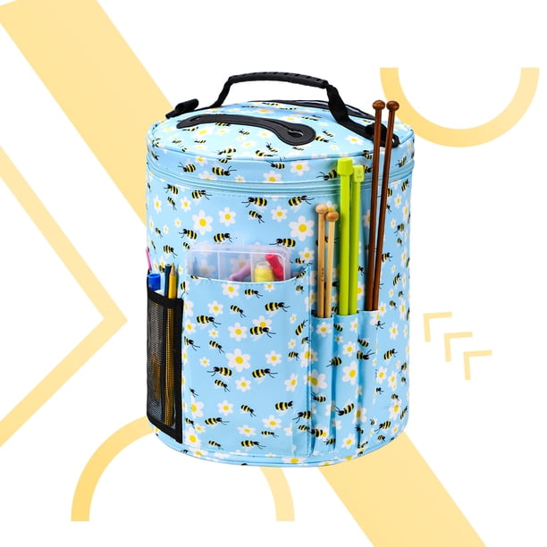 Bolsa de almacenamiento de herramientas de tejido de lana con forma de barril, bolsa de almacenamiento de lana portátil con forma de abeja y flores silvestres para accesorios de crochet