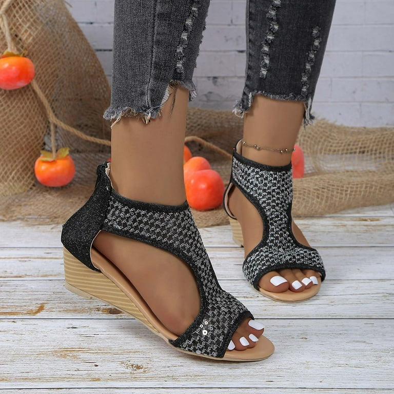 WNVMWI Sandals Women Flat Sandals Beach Women Dressy Sandals Black Shoes Slippers Flip Flops Women Zipper Mesh Casual Open Toe Wedges Soft Bottom Shoes Sandals Wedge Platform Sandal Comforta Size 41