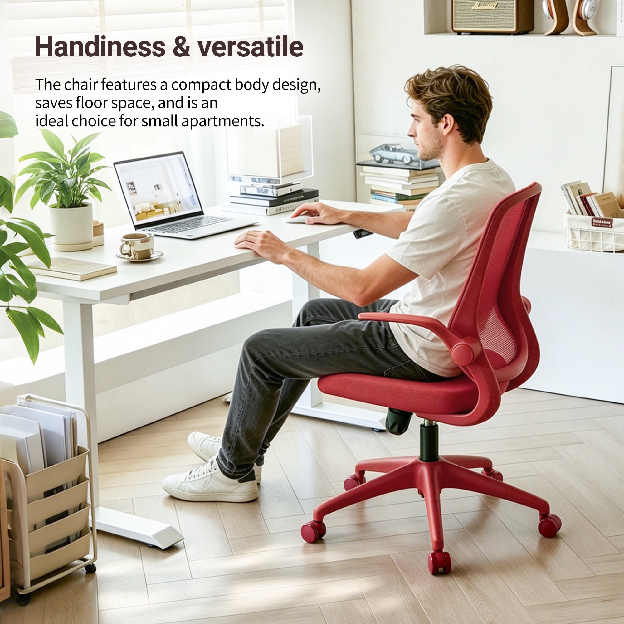 HOQBN Ergonomic Office Chair with Flip-Up Armrests, Breathable Mesh Back, Integrated Molded Foam Seat, 350lb Capacity,Red