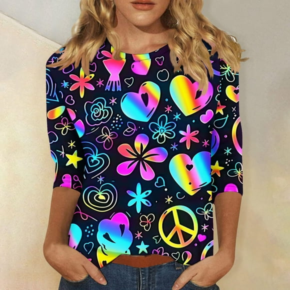 Aboser Womens Peace Sign T Shirt Vintage Hippie Costume Tshirt Funny Floral Graphic Tees Ladies Gifts Casual 3/4 Sleeve Tunic Tops Party 60s 70s Inspirational T-shirts