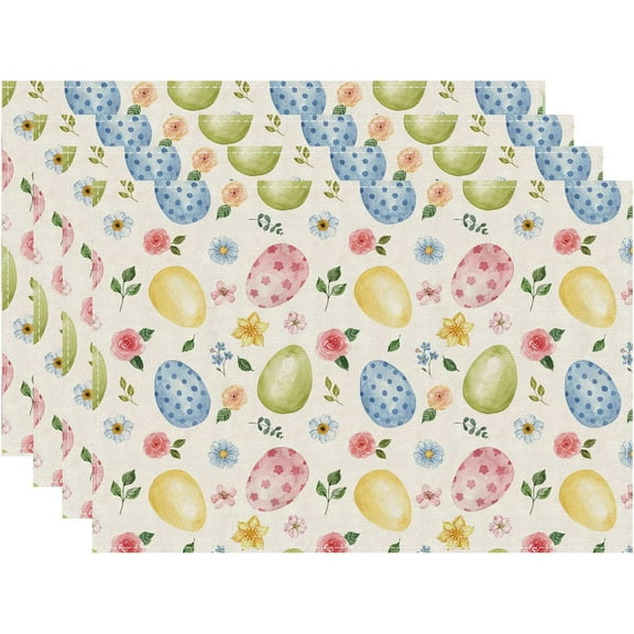 Easter Placemats Set of 4 Spring Colorful Easter Egg Floral Washable Non-Slip Heat Resistant Place Mats 12x18 Inch Rustic Linen Table Mats for Kitchen Dining Party Decor