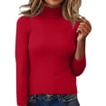 thumbnail image 6 of Women's Turtleneck Sweater 2025 Long Sleeve Shirts Fall Trendy Tops Slim Fitted Ribbed Knit Basic Casual Sweater Red M, 6 of 6