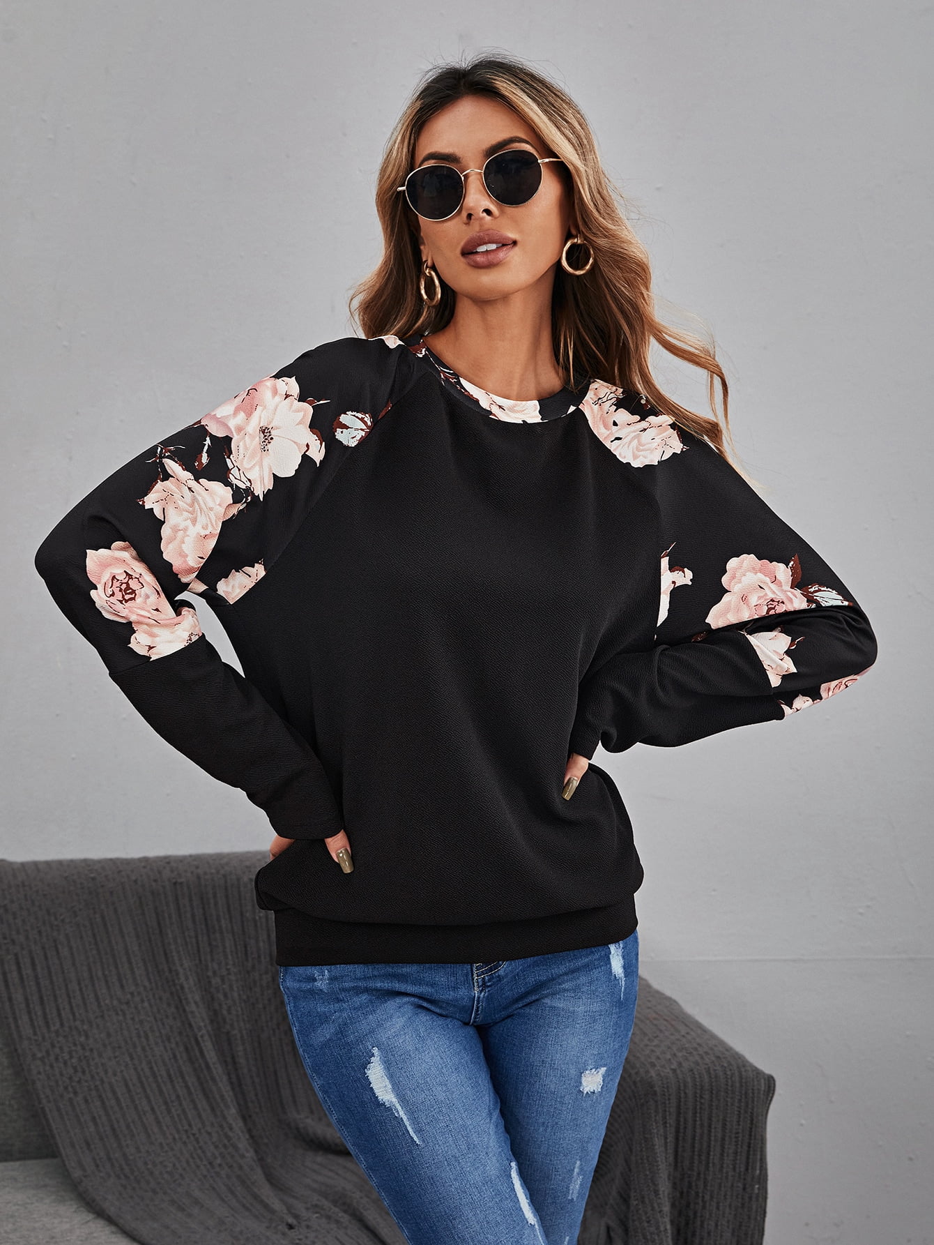 Women's Floral Print Raglan Sleeve 