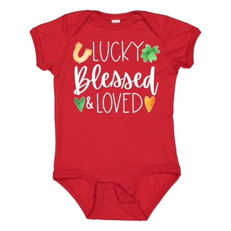 

Inktastic Lucky Blessed and Loved Horseshoe Clover Hearts Boys or Girls Baby Bodysuit
