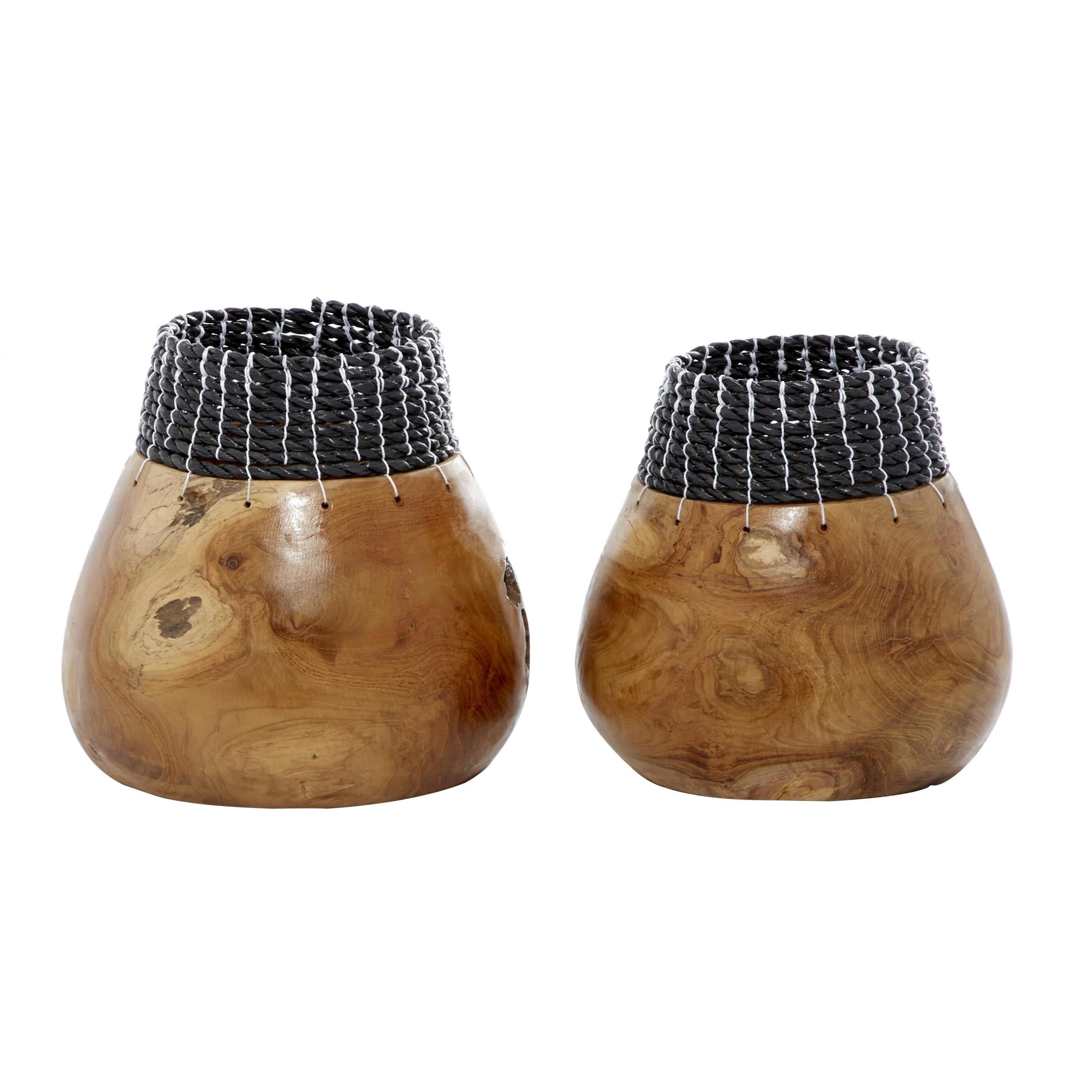 DecMode 10", 9"H Handmade Brown Wood Vase with Black Seagrass Accents, Set of 2