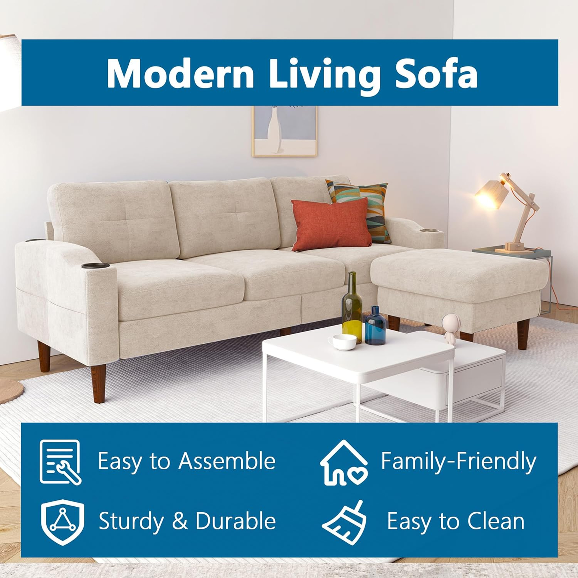 Aukfa L Shaped Sectional Sofa with USB Ports and Cup Holders, 78" 3 Seater Couch with Storage Ottoman, Beige